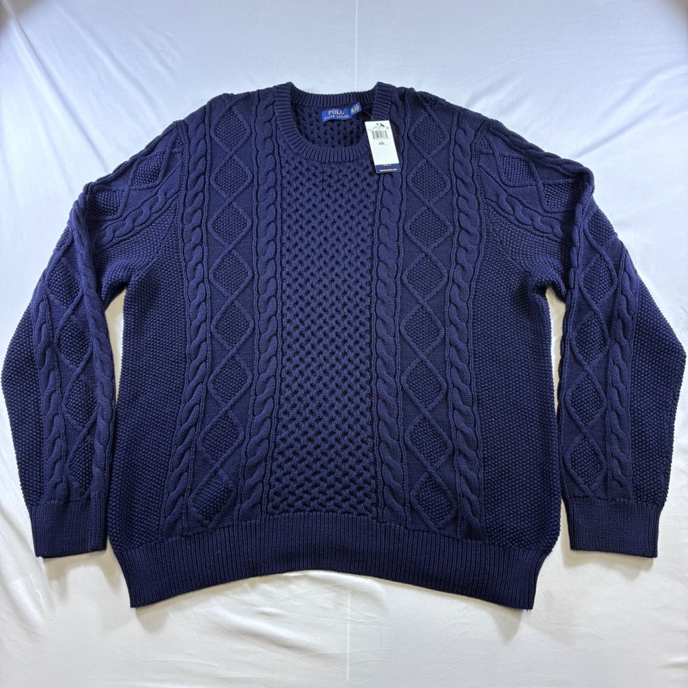 Polo Ralph Lauren Mens XXL Navy Blue Cable Knit Cotton Crewneck Sweater NWT